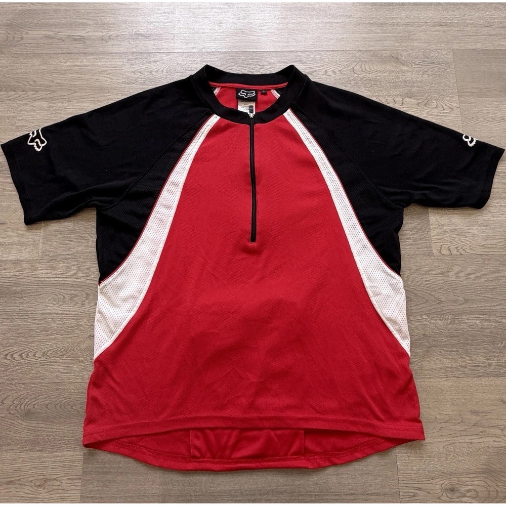 FOX Racing Cycling Jersey Men's Large Red Black White 1/2 Zip Back Zip Pocket